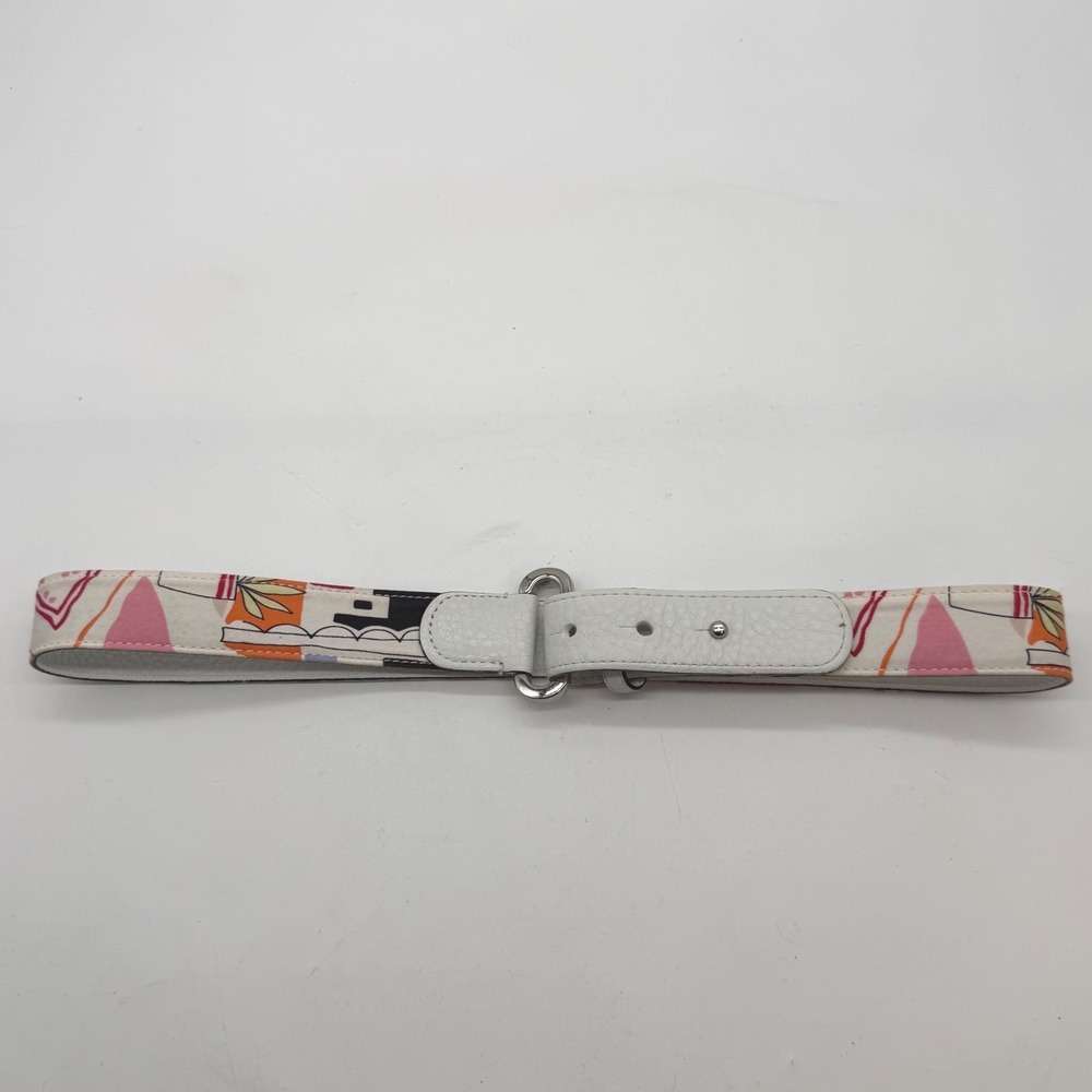 Talbots Womens XS White Leather Fabric Abstract Print Belt Silver Stud Closure